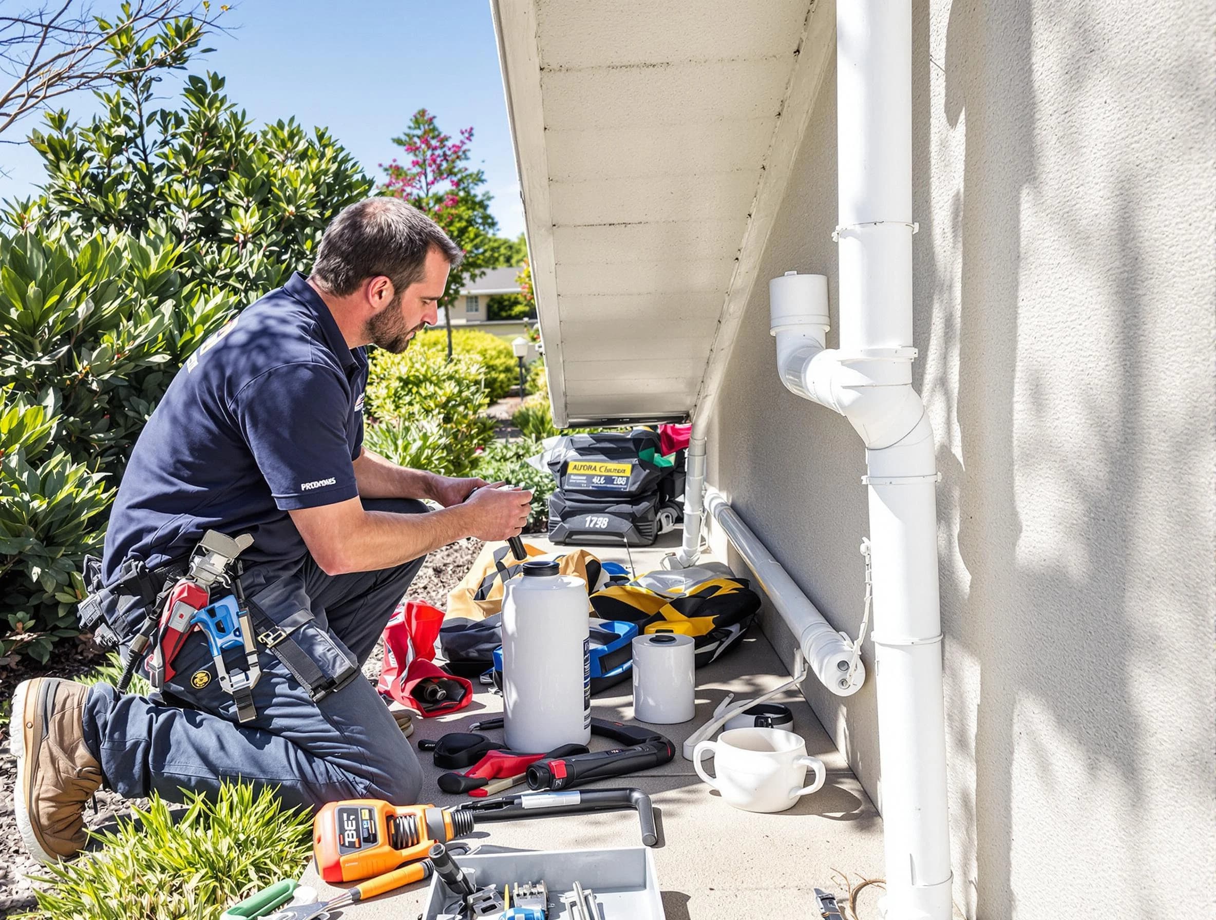 Cuyahoga Falls Roofing Company expert fixing a downspout in Cuyahoga Falls, OH