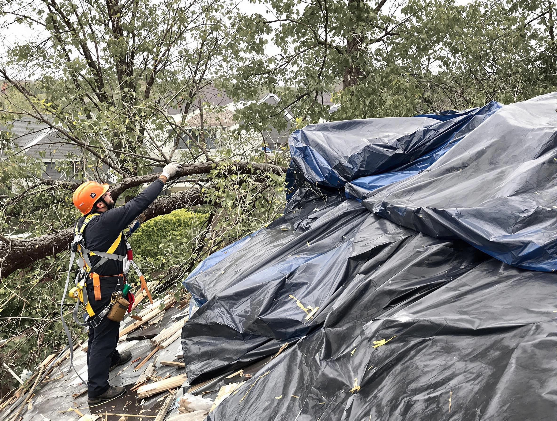 A tarped roof after storm damage repaired by Cuyahoga Falls Roofing Company in Cuyahoga Falls, OH