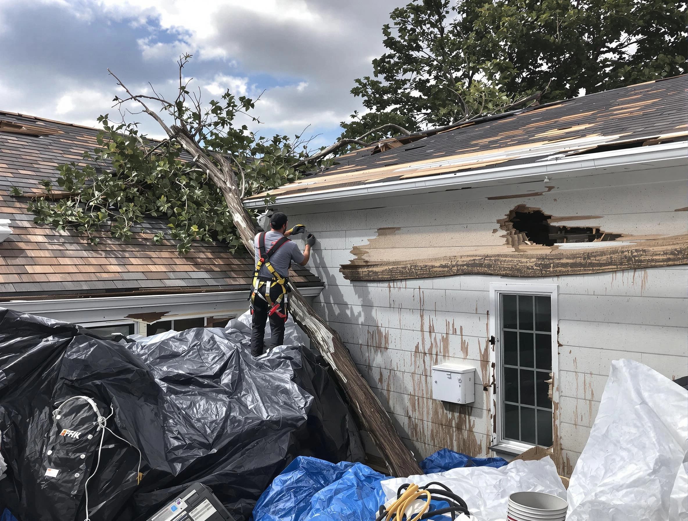 Cuyahoga Falls Roofing Company technicians handling urgent roof damage in Cuyahoga Falls, OH