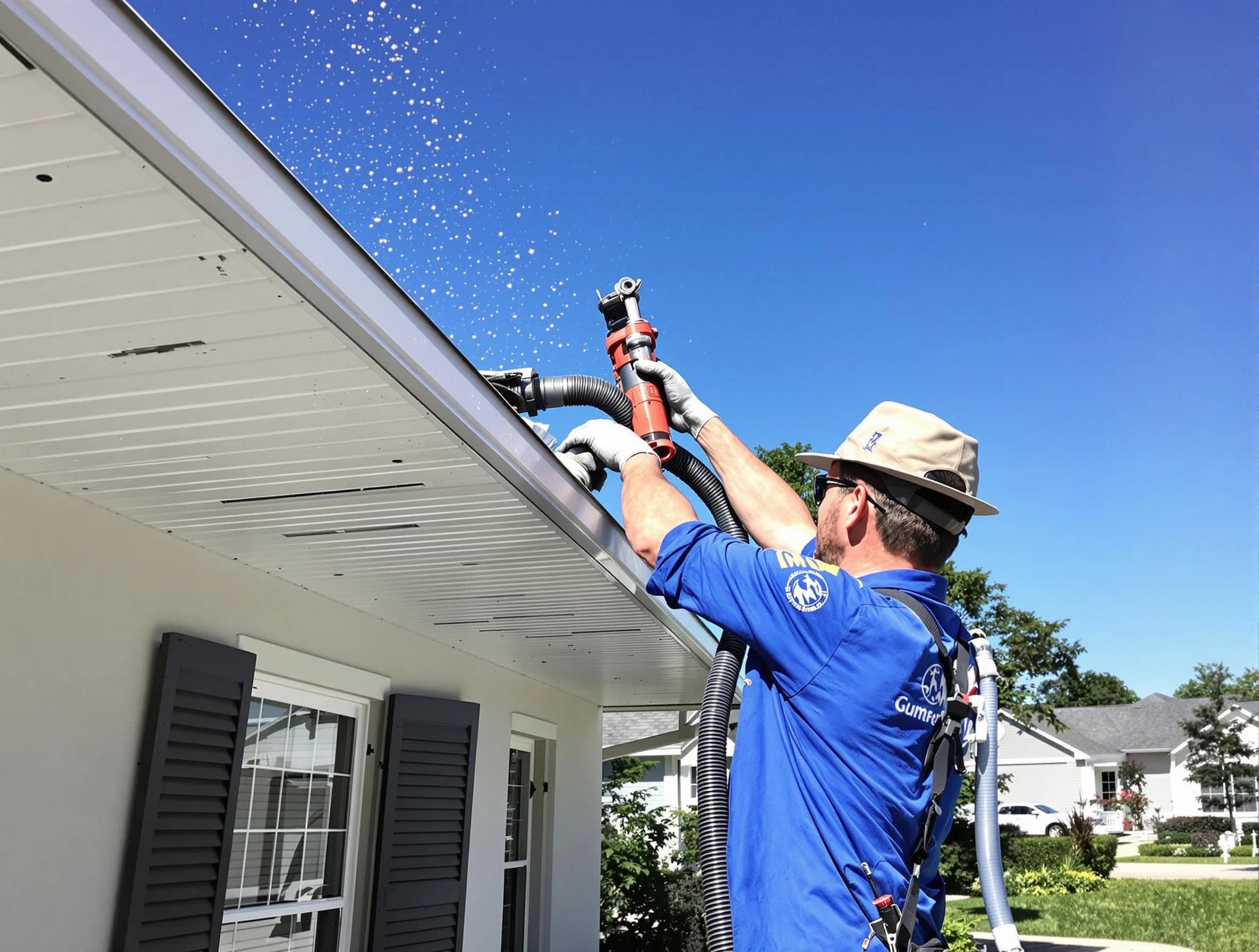 Technician completing a gutter cleaning project by Cuyahoga Falls Roofing Company in Cuyahoga Falls, OH