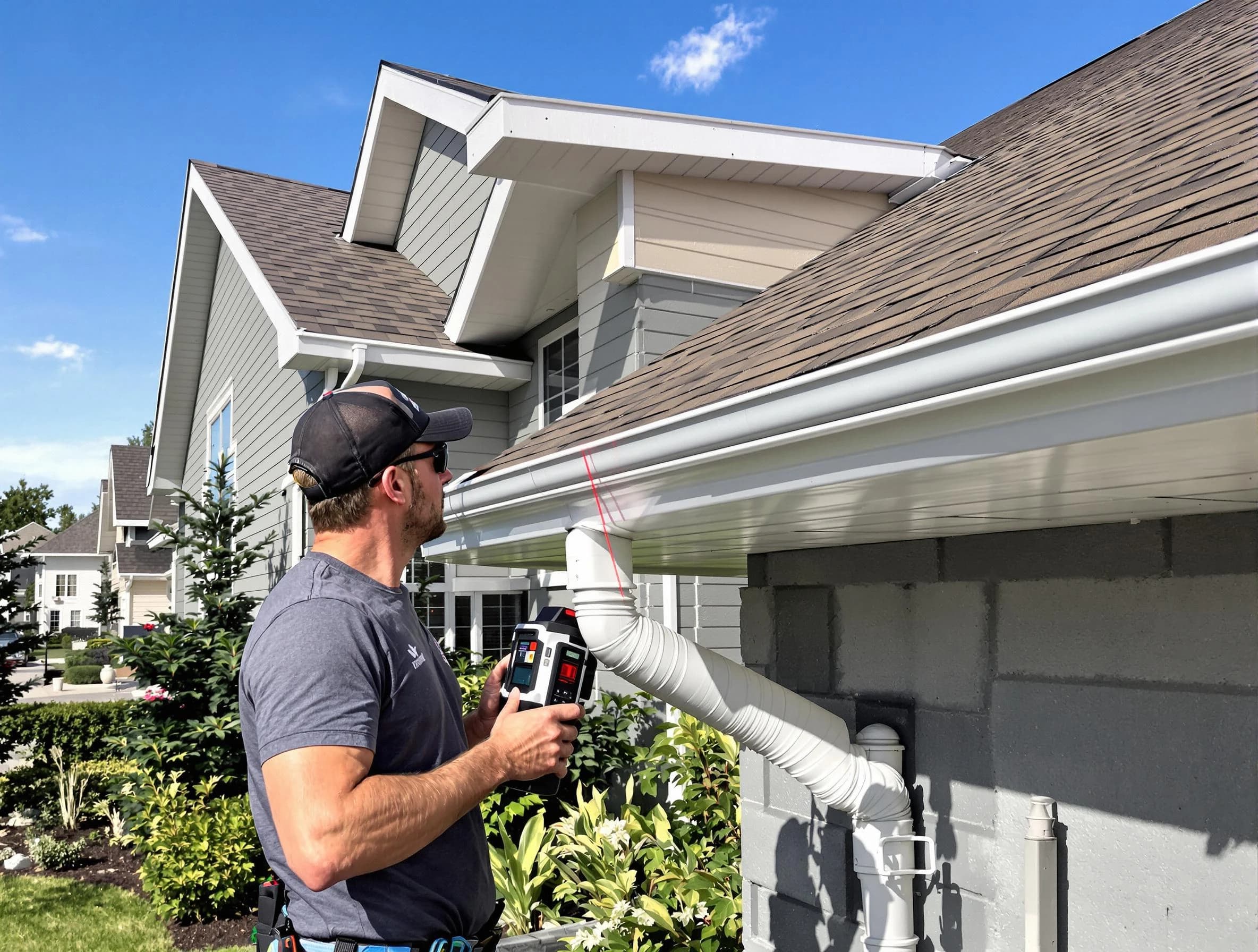 Cuyahoga Falls Roofing Company installing seamless gutters in Cuyahoga Falls, OH