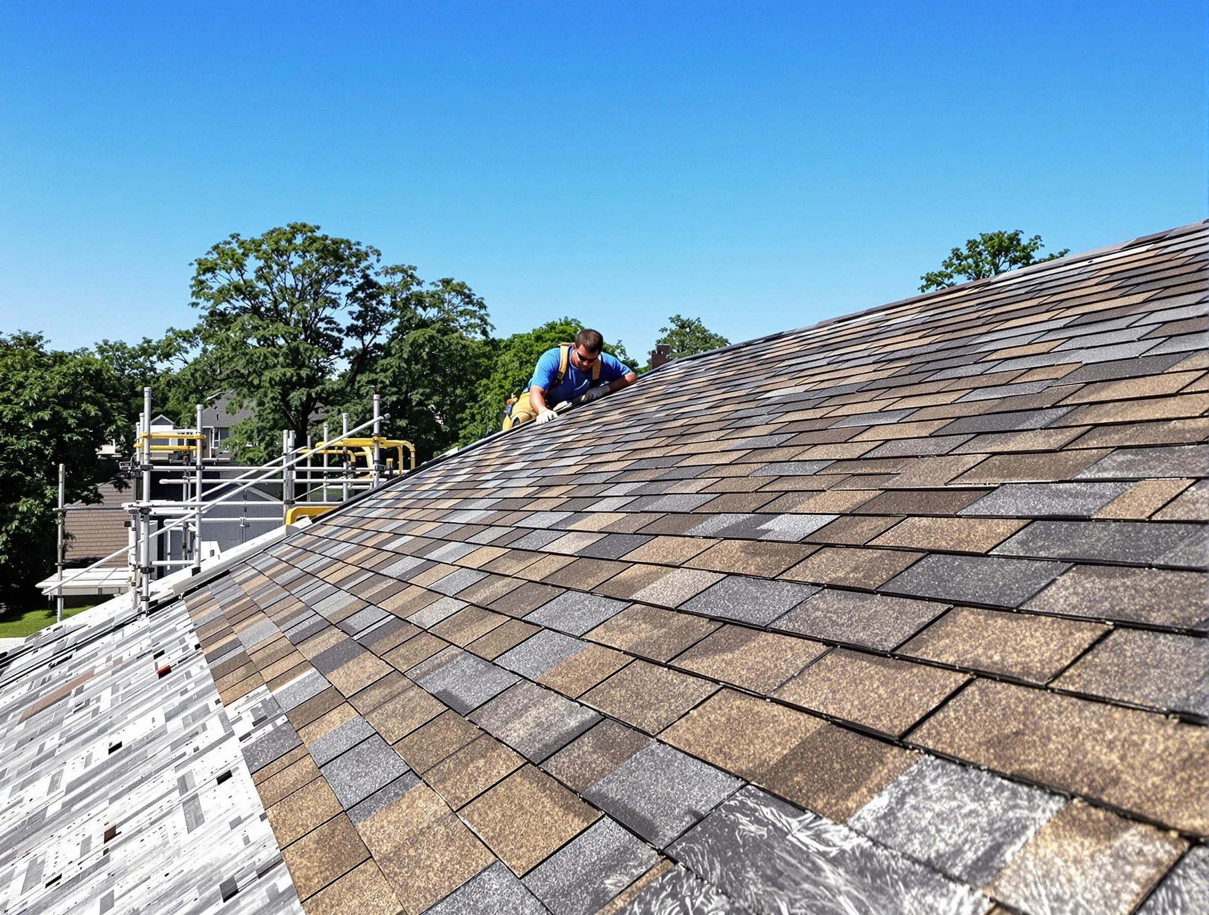 Close-up of new shingles installed by Cuyahoga Falls Roofing Company in Cuyahoga Falls, OH